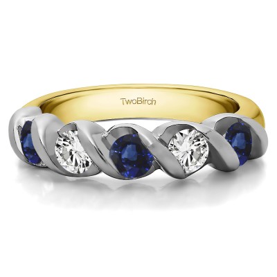 0.75 Carat Sapphire and Diamond Five Stone Swirl Set Wedding Ring in Two Tone Gold