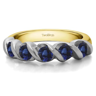 0.75 Carat Sapphire Five Stone Swirl Set Wedding Ring in Two Tone Gold