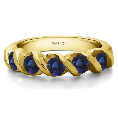 0.75 Carat Sapphire Five Stone Swirl Set Wedding Ring in Yellow Gold