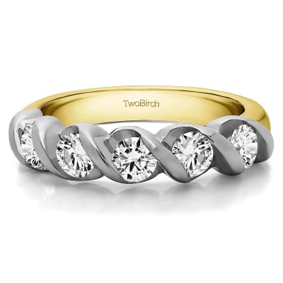 0.75 Carat Five Stone Swirl Set Wedding Ring in Two Tone Gold