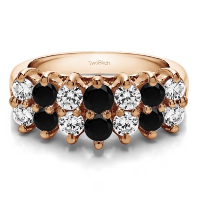 1.96 Carat Black and White Fourteen Stone Double Row Common Prong Wedding Ring  in Rose Gold