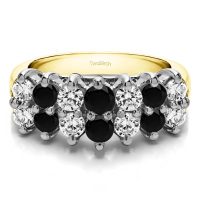 1.96 Carat Black and White Fourteen Stone Double Row Common Prong Wedding Ring  in Two Tone Gold