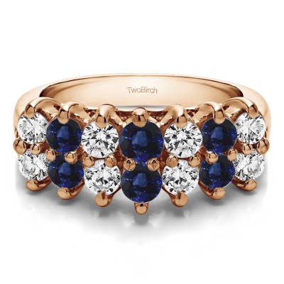 0.53 Carat Sapphire and Diamond Double Row Double Shared Prong Raised Wedding Ring  in Rose Gold