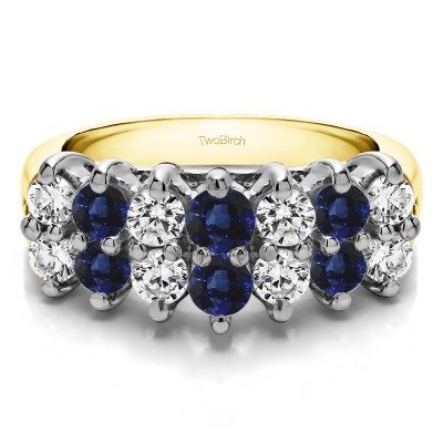 1.99 Carat Sapphire and Diamond Double Row Double Shared Prong Raised Wedding Ring  in Two Tone Gold