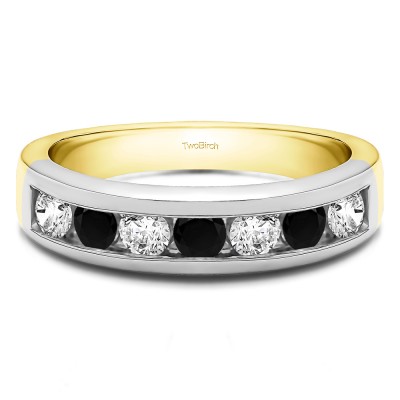 0.7 Carat Black and White Seven Stone Channel Set Wedding Ring in Two Tone Gold
