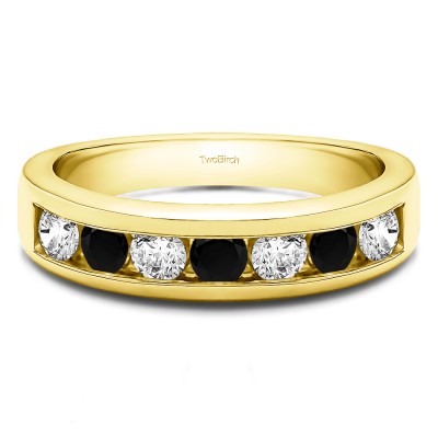 0.98 Carat Black and White Seven Stone Channel Set Wedding Ring in Yellow Gold