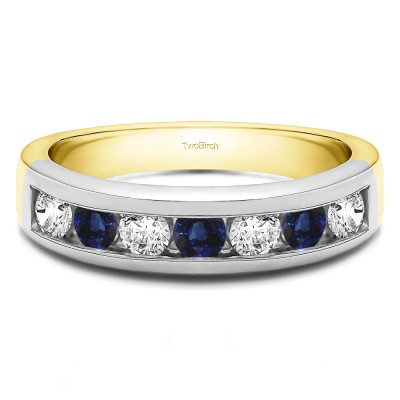 0.5 Carat Sapphire and Diamond Seven Stone Channel Set Wedding Ring in Two Tone Gold