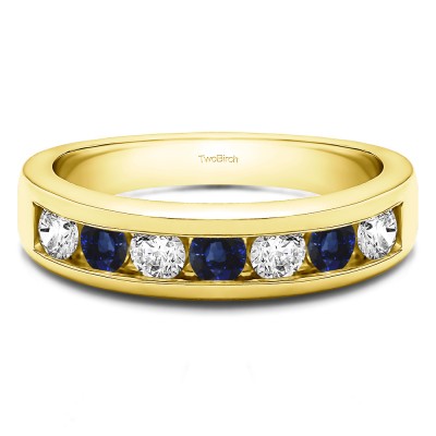 0.98 Carat Sapphire and Diamond Seven Stone Channel Set Wedding Ring in Yellow Gold
