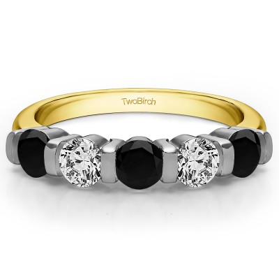 1.25 Carat Black and White Five Stone Bar Set Wedding Band in Two Tone Gold