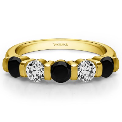 1.25 Carat Black and White Five Stone Bar Set Wedding Band in Yellow Gold