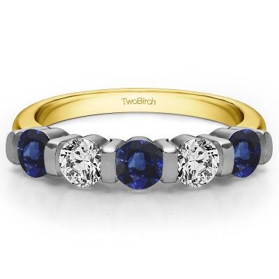 0.5 Carat Sapphire and Diamond Five Stone Bar Set Wedding Band in Two Tone Gold