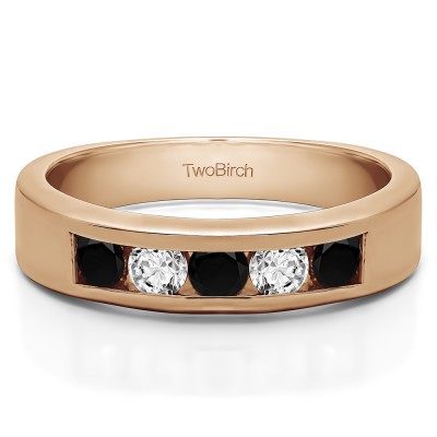 1 Carat Black and White Five Stone Straight Channel Set Wedding Band  in Rose Gold