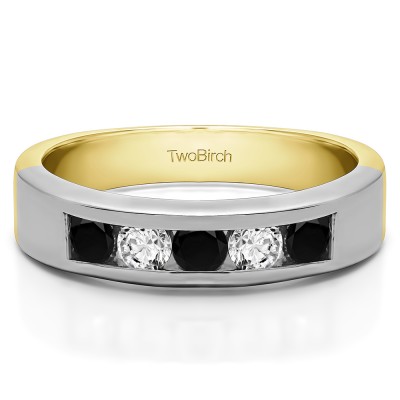 0.75 Carat Black and White Five Stone Straight Channel Set Wedding Band  in Two Tone Gold