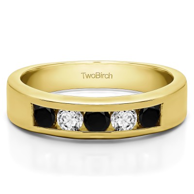 1 Carat Black and White Five Stone Straight Channel Set Wedding Band  in Yellow Gold