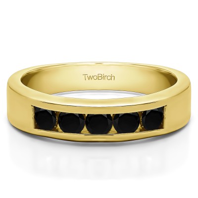 1 Carat Black Five Stone Straight Channel Set Wedding Band  in Yellow Gold