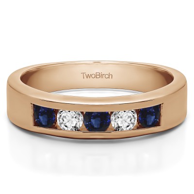 0.35 Carat Sapphire and Diamond Five Stone Straight Channel Set Wedding Band  in Rose Gold