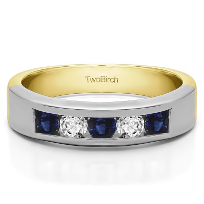 1 Carat Sapphire and Diamond Five Stone Straight Channel Set Wedding Band  in Two Tone Gold