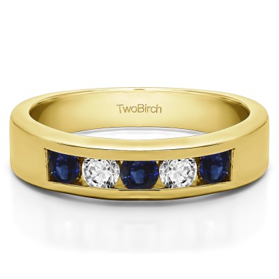 0.75 Carat Sapphire and Diamond Five Stone Straight Channel Set Wedding Band  in Yellow Gold
