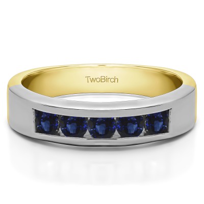 0.75 Carat Sapphire Five Stone Straight Channel Set Wedding Band  in Two Tone Gold