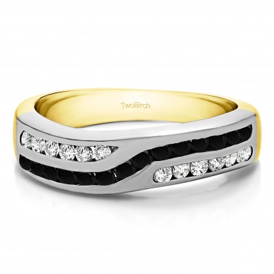 0.99 Carat Black and White Double Row Twisted Channel Set Wedding Band  in Two Tone Gold