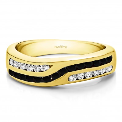 0.52 Carat Black and White Double Row Twisted Channel Set Wedding Band  in Yellow Gold