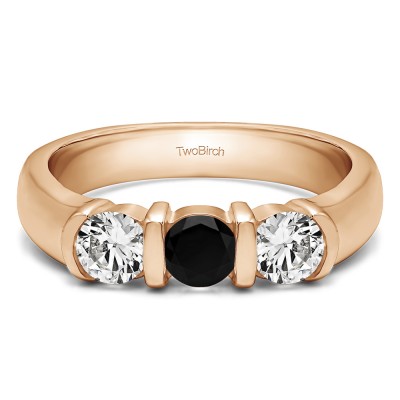 0.48 Carat Black and White Three Stone Bar Set Wedding Ring in Rose Gold