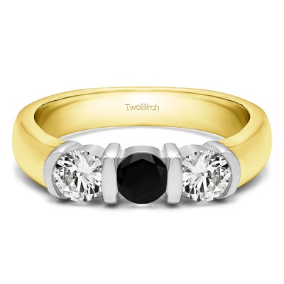 0.48 Carat Black and White Three Stone Bar Set Wedding Ring in Two Tone Gold