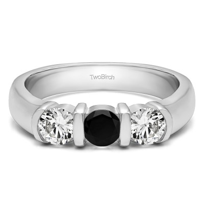 0.48 Carat Black and White Three Stone Bar Set Wedding Ring