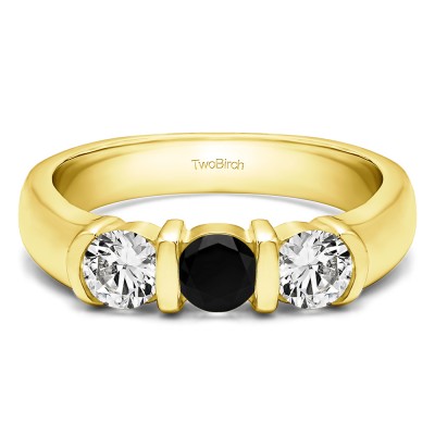 0.48 Carat Black and White Three Stone Bar Set Wedding Ring in Yellow Gold