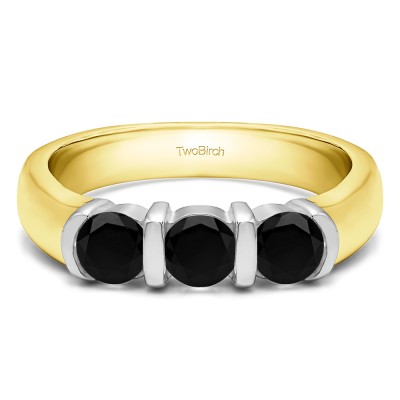 0.48 Carat Black Three Stone Bar Set Wedding Ring in Two Tone Gold