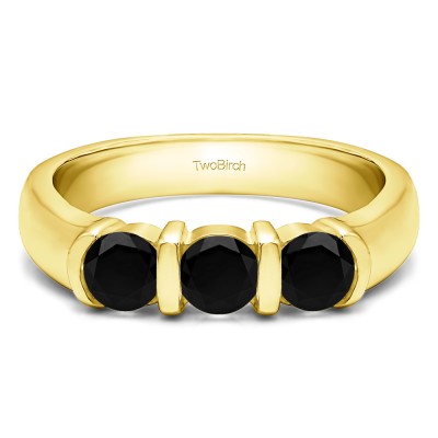0.48 Carat Black Three Stone Bar Set Wedding Ring in Yellow Gold