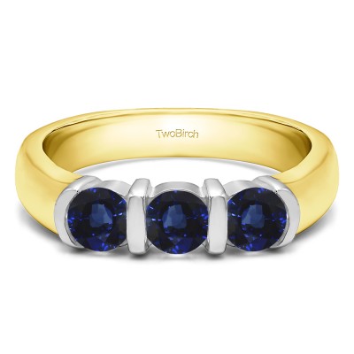 0.48 Carat Sapphire Three Stone Bar Set Wedding Ring in Two Tone Gold