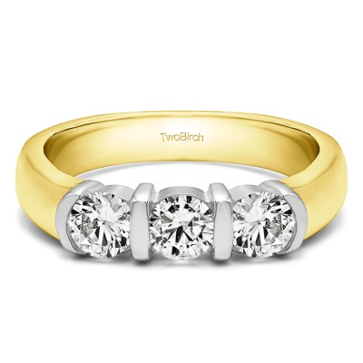 0.48 Carat Three Stone Bar Set Wedding Ring in Two Tone Gold