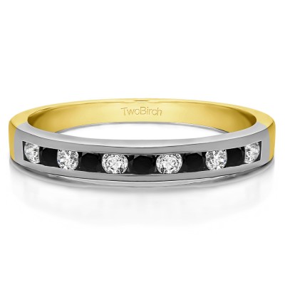 0.99 Carat Black and White Eleven Stone Straight Channel Wedding Ring in Two Tone Gold