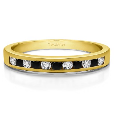 0.99 Carat Black and White Eleven Stone Straight Channel Wedding Ring in Yellow Gold