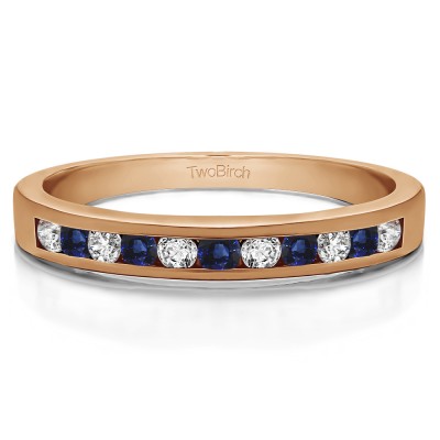 0.99 Carat Sapphire and Diamond Eleven Stone Straight Channel Wedding Ring in Rose Gold