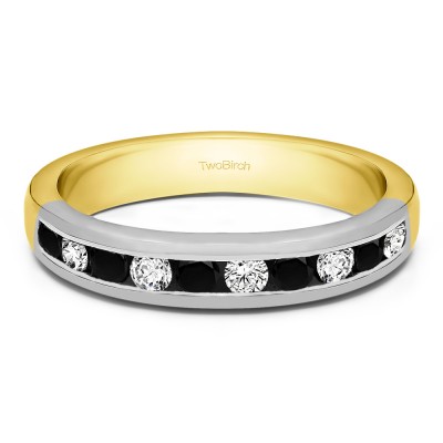0.75 Carat Black and White Ten Stone Straight Channel Set Wedding Ring in Two Tone Gold