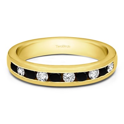 0.5 Carat Black and White Ten Stone Straight Channel Set Wedding Ring in Yellow Gold