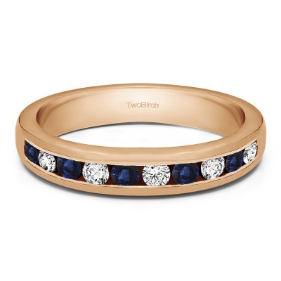 0.75 Carat Sapphire and Diamond Ten Stone Straight Channel Set Wedding Ring in Rose Gold