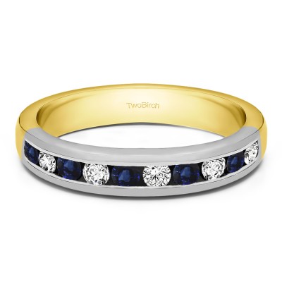 1 Carat Sapphire and Diamond Ten Stone Straight Channel Set Wedding Ring in Two Tone Gold