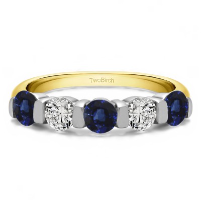 1 Carat Sapphire and Diamond Five Stone Wide Bar Set Wedding Band  in Two Tone Gold