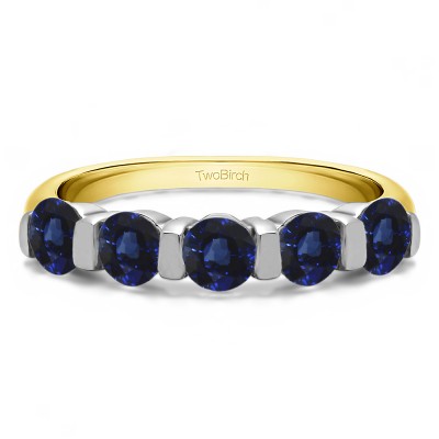 0.75 Carat Sapphire Five Stone Wide Bar Set Wedding Band  in Two Tone Gold