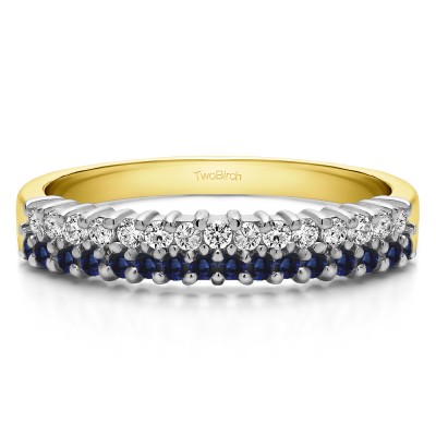 0.5 Carat Sapphire and Diamond Double Row Shared Prong Wedding Ring in Two Tone Gold