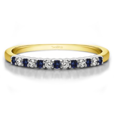 0.25 Carat Sapphire and Diamond Double Shared Prong Thin Wedding Band in Two Tone Gold
