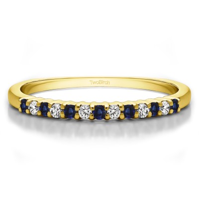 0.25 Carat Sapphire and Diamond Double Shared Prong Thin Wedding Band in Yellow Gold