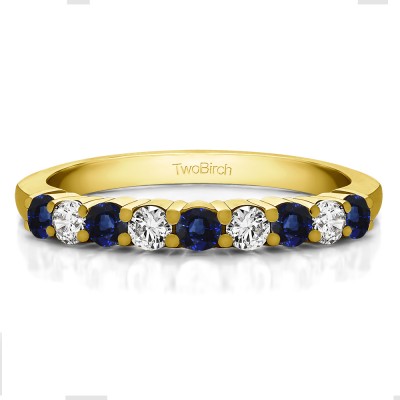 0.5 Carat Sapphire and Diamond Double Shared Prong Thin Wedding Band in Yellow Gold
