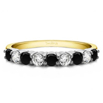 0.75 Carat Black and White Double Shared Prong Thin Wedding Band in Two Tone Gold