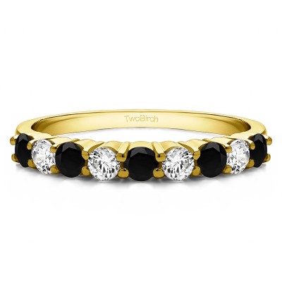 0.75 Carat Black and White Double Shared Prong Thin Wedding Band in Yellow Gold