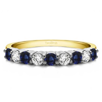 0.75 Carat Sapphire and Diamond Double Shared Prong Thin Wedding Band in Two Tone Gold