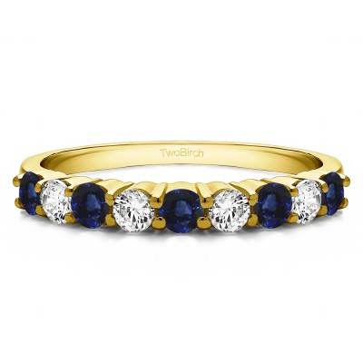 0.75 Carat Sapphire and Diamond Double Shared Prong Thin Wedding Band in Yellow Gold